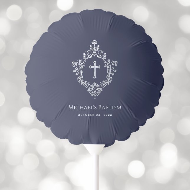 Boy Baptism Crest Navy Blue Vintage Silver Cross Balloon (Creator Uploaded)