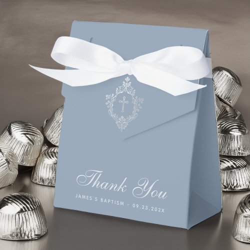 Boy Baptism Dusty Blue Elegant Crest Thank You Favor Boxes