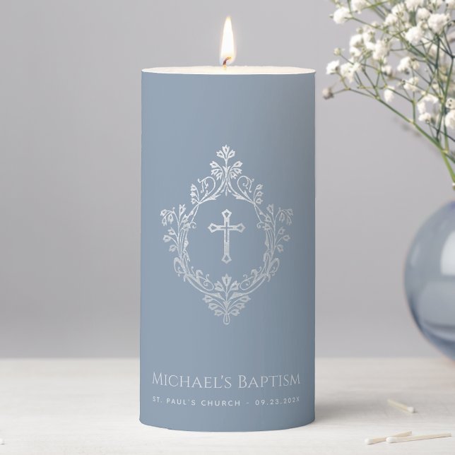 Boy Baptism Dusty Blue Elegant Cross Crest Vintage Pillar Candle (Creator Uploaded)