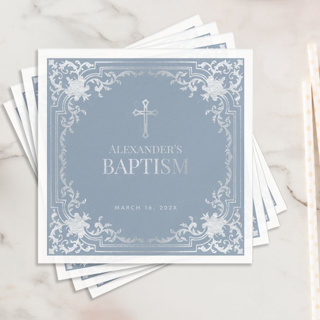 Boy Baptism Dusty Blue Elegant Faux Silver Cross Napkins (Creator Uploaded)