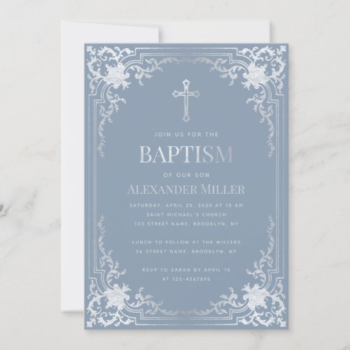 Boy Baptism Dusty Blue Elegant Faux Silver Vintage Invitation