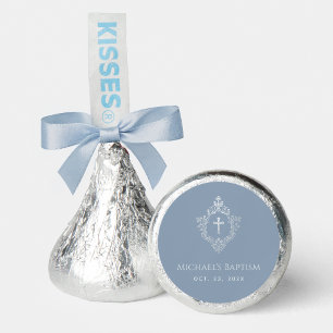 Boy Baptism Dusty Blue Elegant Silver Cross Crest Hershey®'s Kisses®