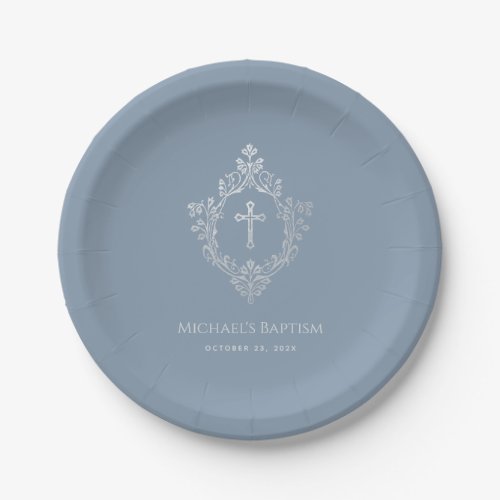 Boy Baptism Dusty Blue Faux Silver Crest Vintage  Paper Plates