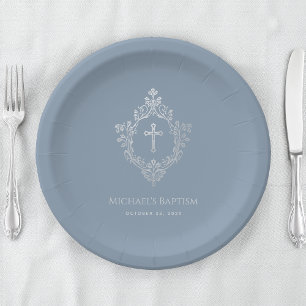 Boy Baptism Dusty Blue Faux Silver Crest Vintage Paper Plates