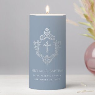 Boy Baptism Dusty Blue Faux Silver Cross in Crest Pillar Candle