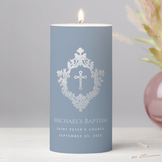 Boy Baptism Dusty Blue Faux Silver Cross in Crest  Pillar Candle (In Situ)