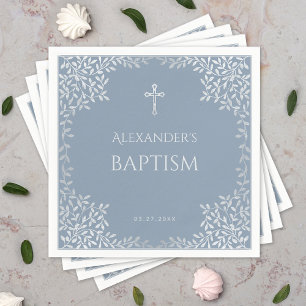 Boy Baptism Dusty Blue Faux Silver Leaves Elegant Napkins