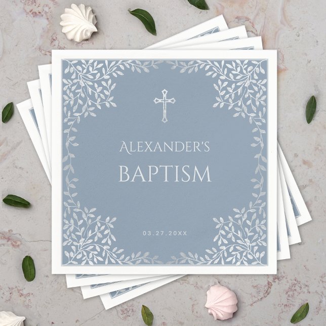 Boy Baptism Dusty Blue Faux Silver Leaves Elegant Napkins (Creator Uploaded)