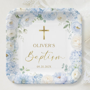 Boy Baptism Dusty Blue Floral Gold Cross Paper Plates