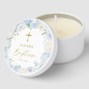 Boy Baptism Dusty Blue Floral Gold Elegant  Mini Candle Favors