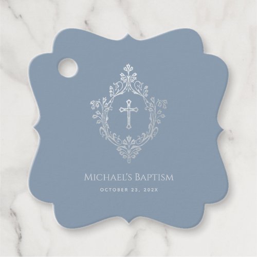 Boy Baptism Dusty Blue Silver Cross Crest Vintage Favor Tags