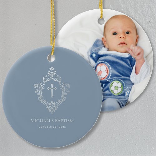 Boy Baptism Dusty Blue Vintage Cross in Crest  Ceramic Ornament