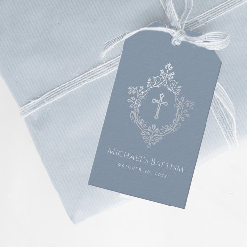 Boy Baptism Dusty Blue Vintage Silver Crest Cross  Gift Tags