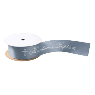 Boy Baptism Dusty Blue White Calligraphy and Cross Satin Ribbon