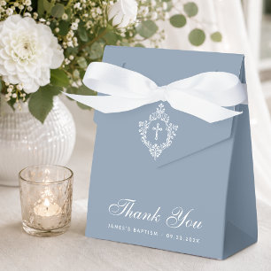 Boy Baptism Dusty Blue White Cross & Crest Elegant Favor Boxes