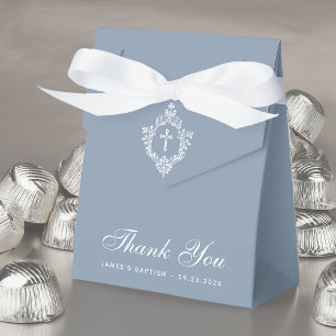 Boy Baptism Dusty Blue White Cross & Crest Elegant Favor Boxes