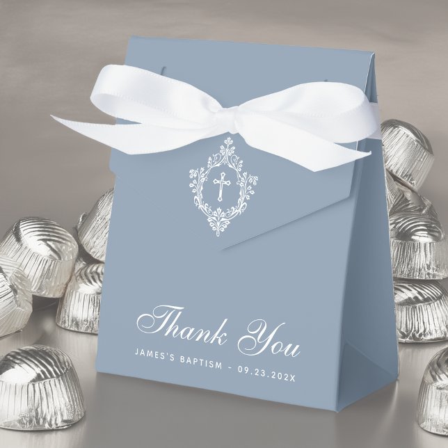 Boy Baptism Dusty Blue White Cross & Crest Elegant Favor Boxes (Creator Uploaded)