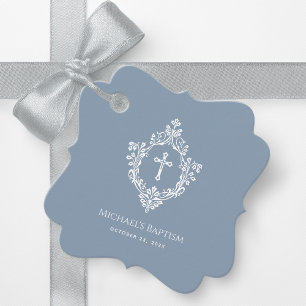 Boy Baptism Dusty Blue White Cross Crest Elegant Favor Tags