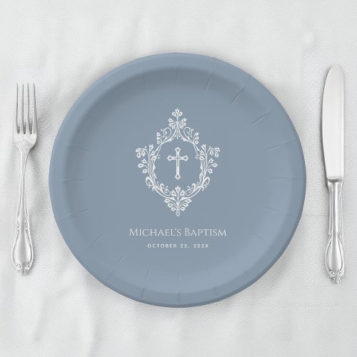 Boy Baptism Dusty Blue White Cross Crest Religious