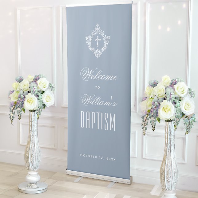 Boy Baptism Dusty Blue White Religious Cross Crest Retractable Banner (Creator Uploaded)