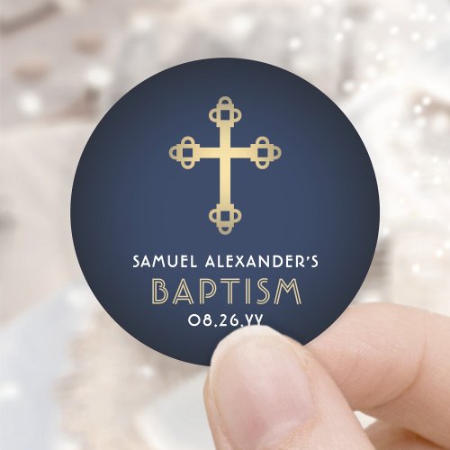 Boy Baptism Elegant Cross Navy Blue White and Gold Classic Round Sticker
