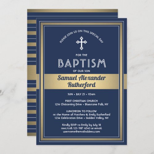 Boy Baptism Elegant Modern Navy Blue White  Gold Invitation