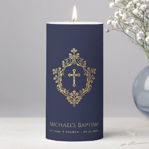 Boy Baptism Elegant Navy Blue Gold Cross in Crest Pillar Candle