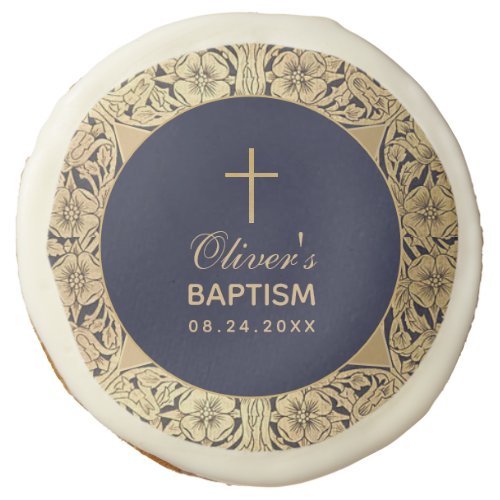 Boy Baptism Elegant Navy Blue Gold Flowers Vintage Sugar Cookie