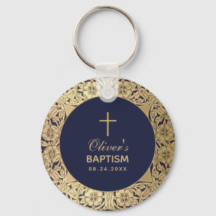 Boy Baptism Elegant Navy Blue Vintage Gold Roses Keychain