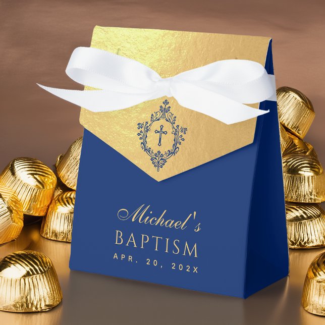 Boy Baptism Faux Gold Royal Blue Crest Religious Favor Boxes (Creator Uploaded)