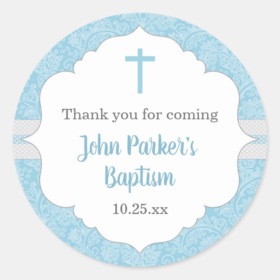 Boy baptism favor idea | blue damask classic classic round sticker | Zazzle