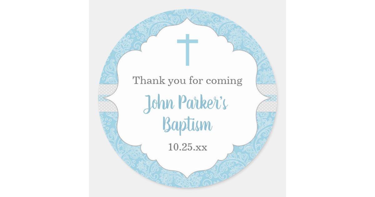 Boy baptism favor idea | blue damask classic classic round sticker | Zazzle