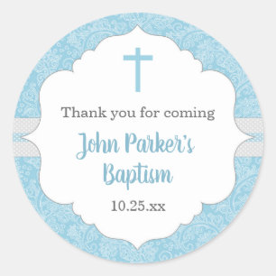 Boy baptism favor idea   blue damask classic round sticker
