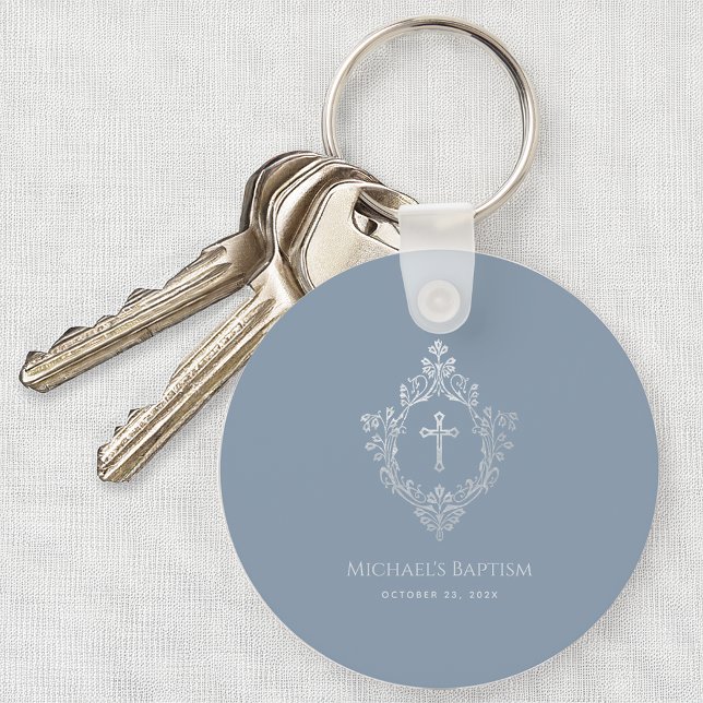 Boy Baptism Favors Dusty Blue Elegant Cross Crest  Keychain (Creator Uploaded)