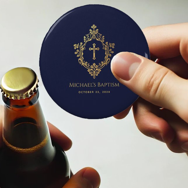 Boy Baptism Favors Navy Blue Faux Gold Cross Crest Bottle Opener (Creator Uploaded)
