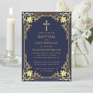 Boy Baptism First Birthday Navy Blue Gold Elegant  Invitation