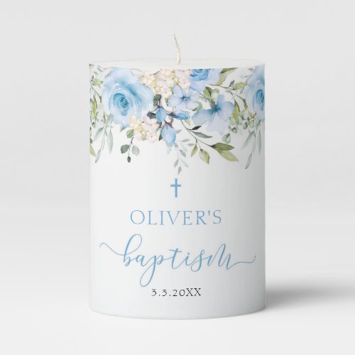 Boy baptism floral blue pillar candle