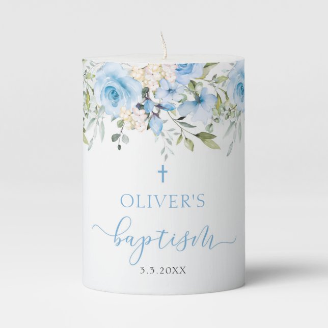 Boy baptism floral blue pillar candle (Front)