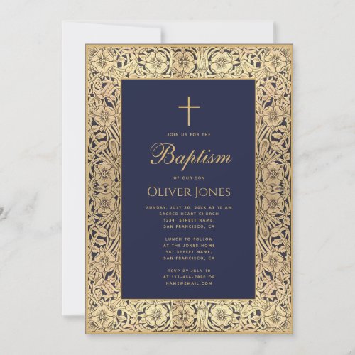 Boy Baptism Floral Gold Frame Navy Blue Elegant Invitation