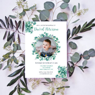 Boy Baptism Floral Teal Blue Wreath Invitation