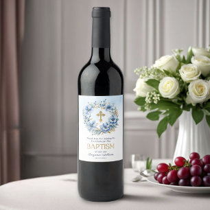 Boy Baptism Gold & Blue Watercolor Floral Wine Label