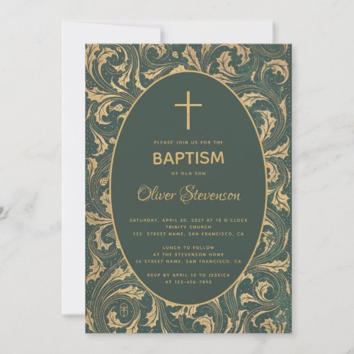 Boy Baptism Gold Thistle Cross Green Oval Elegant Invitation