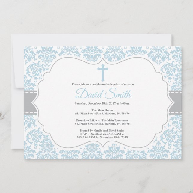 Boy Baptism Invitation Blue and Gray Damask (Front)