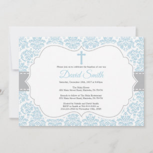 Boy Baptism Invitation Blue and Gray Damask