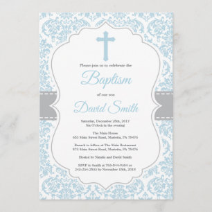 Boy Baptism Invitation Blue and Gray Damask