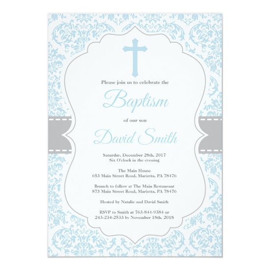 Boy Baptism Invitation Blue and Gray Damask