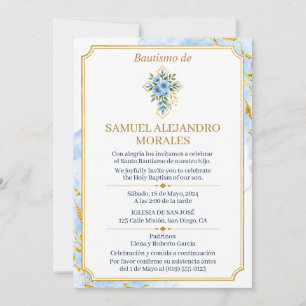 Boy Baptism Invitation Blue Floral Cross Gold
