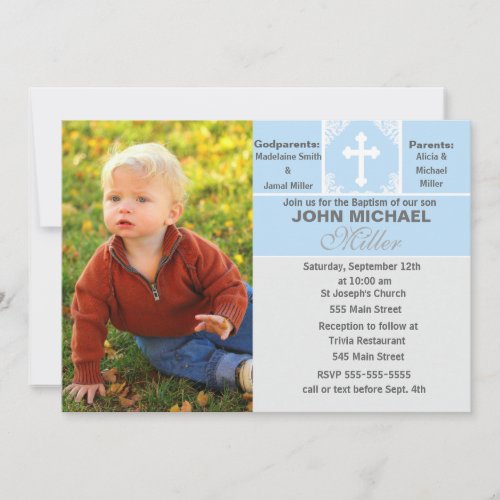 Boy Baptism Invitation Blue Photo Card