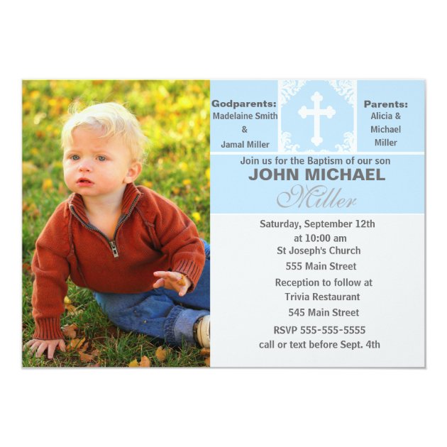 Boy Baptism Invitation Blue Photo Card
