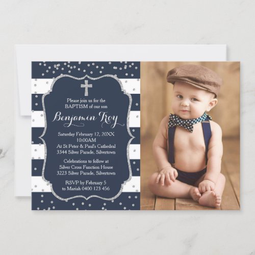 Boy Baptism Invitation Photo Card Navy Silver